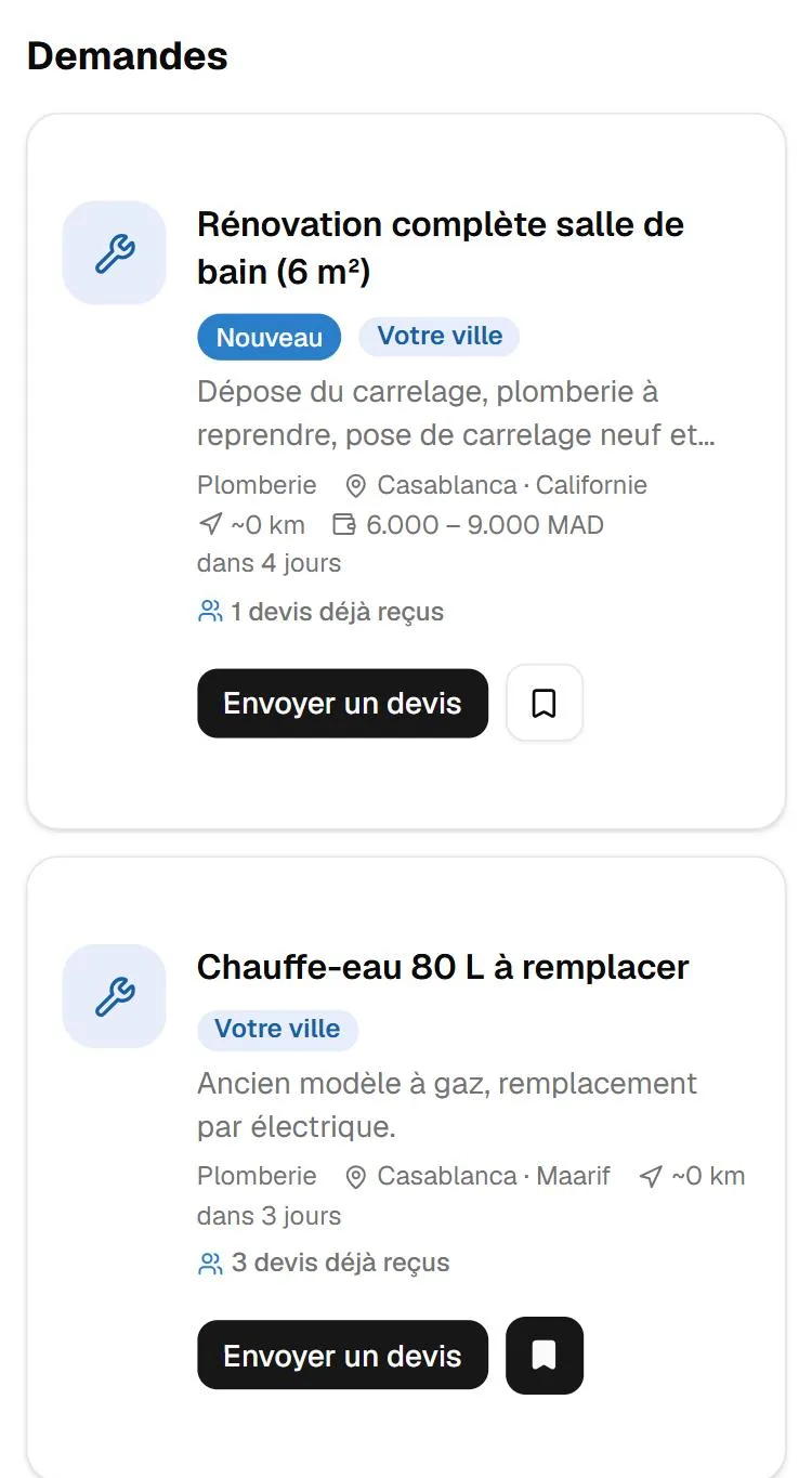 Capture d'écran de l'étape « Recevoir les demandes près de chez vous » (données d'exemple)