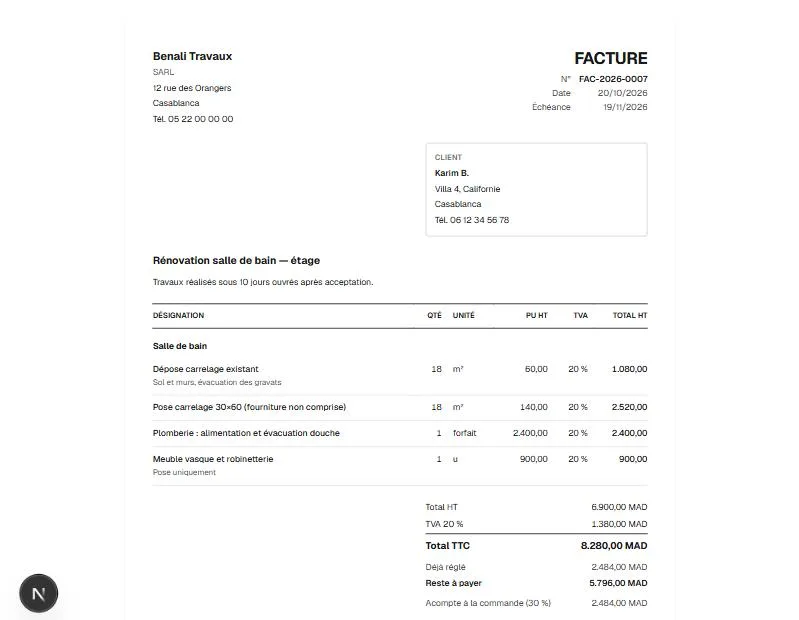 Capture d'écran de l'étape « Chiffrer et facturer comme un pro » (données d'exemple)