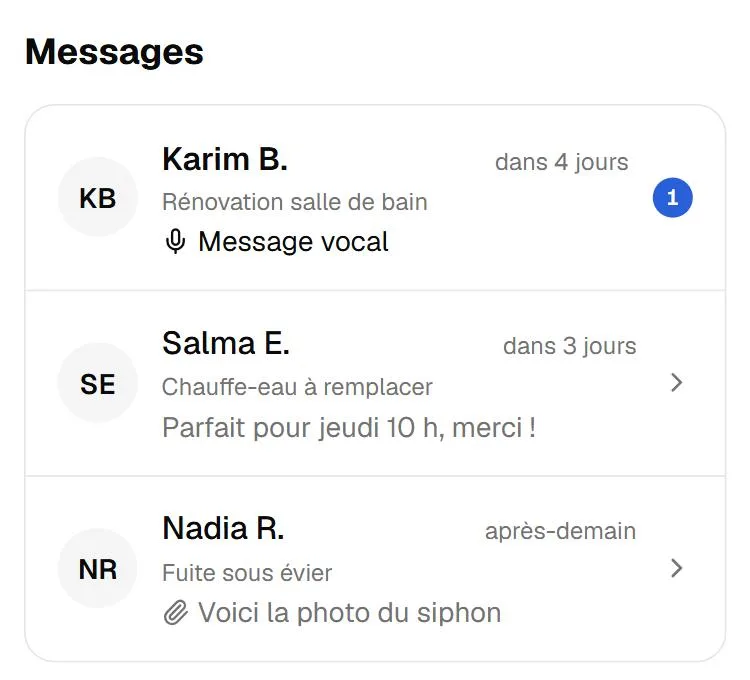 Capture d'écran de l'étape « Discuter et fixer un rendez-vous » (données d'exemple)