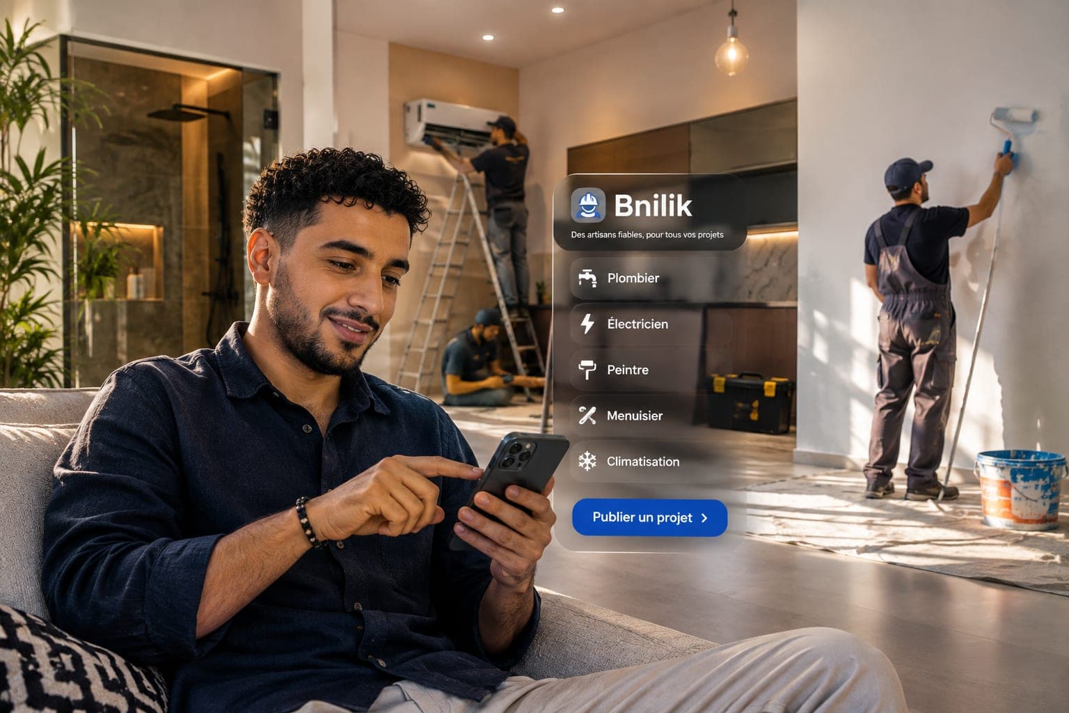 Un client suit ses travaux depuis son téléphone pendant que les artisans travaillent
